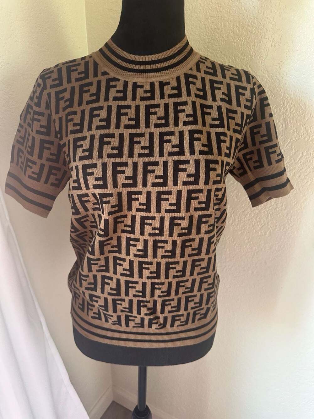 Fendi Zucca Jacquard Knit Short Sleeve Sweater